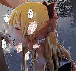 bare_shoulders blonde_hair blush bow choker closed_eyes cum cum_in_mouth deepthroat fellatio female forced from_side granblue_fantasy hairbow hand_on_another's_head irrumatio izumi_arima long_hair oral penis ponytail profile pubic_hair sweat tied_hair vira_lillie