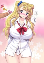 arms_behind_back asymmetrical_hair bar_censor blonde_hair blue_eyes blush breasts censored disembodied_penis erection female galko hair_bun harukigenia huge_breasts long_hair no_pants one_side_up oshiete!_galko-chan panties penis pointless_censoring scrunchie shirt solo_focus underwear white_panties