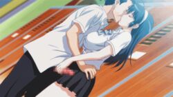 animated blue_hair breasts clothed erect_nipples erect_nipples_under_clothes erection french_kiss handjob kissing large_breasts locker_room netorare penis pet_life school_uniform schoolgirl stitched tagme