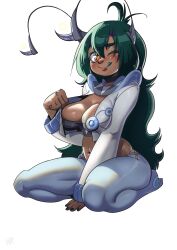 1stupidrat 2025 alternate_skin_color alternate_version_available antennae big_breasts big_thighs borrowed_character breasts commission dark-skinned_female digital_drawing_(artwork) digital_media_(artwork) female green_hair hologram low_pants midriff milli_eso oc revealing_breasts revealing_clothes robot_girl teasing textless_version undressing wirelixe without_background