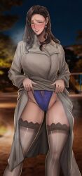 absurdres black_thighhighs blurry blurry_background blush brown_hair coat coat_lift commentary_request covered_navel earrings female glasses hair_behind_ear highres jewelry lingerie long_hair manna_(pixiv8805037) mature_female necklace night night_sky original outdoors park parted_lips sky solo swing_set thighhighs tree trench_coat underwear
