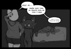 ambiguous_gender amphibian anthro axolotl balls bed bed_frame bedding black_border blush bodily_fluids border bottomwear clothed clothed_ambiguous clothed_anthro clothing duo empty_eyes english_text excessive_feces external_gills feces feces_on_bed feces_on_ground feces_pile flaccid furniture genitals gills hand_behind_head hoodie hyper hyper_feces hyper_feces_pile hyper_scat male marine mole_salamander monochrome nude_anthro nude_male penis pillow poop salamander scat scatplay shorts speech_bubble standing sweat text tiosqr topwear
