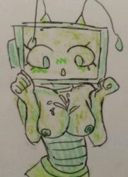 1boy breasts cum cum_on_body eloquentbletangel3 female green_body love robot rubi saulait saulsworld screen_face sketch