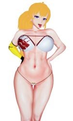 1girls arrancon bikini bikini_bottom bikini_top blonde_female blonde_hair half-dressed half_naked half_naked_female hands_behind_back long_hair long_hair_female purple_eyes robotic_arm rwby solo_female tongue_out yang_xiao_long