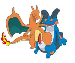 axotl blue_eyes charizard dragon duo fire frottage male mudpuppy nintendo penis plain_background pokemon pokemon_(species) precum sex sfbwd swampert yaoi