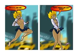 1girls accidental_exposure areolae barefoot blonde_hair blue_eyes bottomless_skirt breasts breasts_apart comic covering covering_crotch curvy dc dc_comics embarrassed enf english_text erect_nipples exposed exposed_nipples exposed_pussy female female_only flying forgot_panties japes knees_together_feet_apart large_breasts miniskirt nipples no_bra no_panties outdoors pussy shirt skirt skirt_lift speech_bubble supergirl superhero_costume_change superheroine superman_(series) taxi undressing