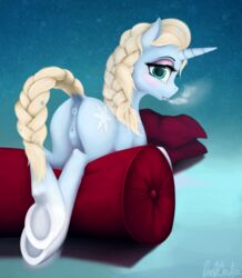 anus blonde_hair blush clitoris cutie_mark disney elsa_(frozen) equine female friendship_is_magic frozen_(film) hair hooves horn horse looking_at_viewer lying mammal my_little_pony oneofyouare ponified pussy solo unicorn