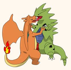 charizard dinosaur dragon duo fire french_kiss frottage kissing male nintendo penis plain_background pokemon pokemon_(species) precum saliva sex sfbwd tyranitar yaoi