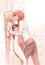 against_wall anna_(frozen) blonde_hair bra braid breasts disney dress_shirt elsa_(frozen) female fingering freckles frozen_(film) highres implied_fingering incest kissing multiple_girls navel open_clothes open_shirt red_hair rough_sketch shirt shower siblings sisters tears underwear wet wet_clothes wet_shirt wetlook wholesome yohchi19 yuri