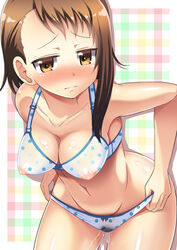 blush bra breasts brown_eyes brown_hair cleavage erect_nipples female kondou_ryunosuke nisekoi onodera_kosaki panties pussy_juice see-through short_hair solo underwear undressing wet_panties