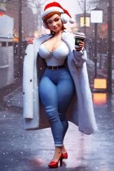 absurd_res afai22 ai_generated coffee highres jeans large_breasts long_coat portrait red_eyes santa_hat smile snow stable_diffusion white_topwear