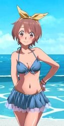 1girls bare_shoulders bikini_skirt blue_bikini brown_hair cleavage hand_on_hip looking_at_viewer medium_breasts ribbon short_hair string_bikini