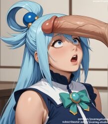 1boy ai_generated aqua_(konosuba) bangs bare_shoulders blue_eyes blue_hair blush bow breasts clothed_female clothing detached_sleeves erection female female green_bow hair_between_eyes hair_ornament hair_rings huge_cock indoors jousneystudio kono_subarashii_sekai_ni_shukufuku_wo! konosuba large_breasts large_penis lips long_hair looking_at_viewer male open_mouth penis penis_awe shirt sidelocks sleeveless sleeveless_shirt smile solo_focus straight teeth testicles tied_hair tongue upper_body upper_teeth_only veins veiny_penis