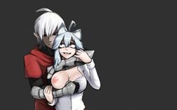 breasts demon female gauntlets hoodie j.k. male nekomimi nipples pointy_ears wallpaper white_hair