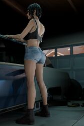 1girls 3d ass back black_hair black_topwear blender boots chloe_price denim_shorts enigmaj female_focus female_only garage life_is_strange light-skinned_female short_hair side_view solo_female