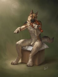 1boy 2013 anthro balls canine flaccid fur german_shepherd lion21 male male_only mammal musical_instrument nude penis solo violin