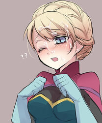 ? blonde_hair blue_eyes blush braid breasts cape cum disney elsa_(frozen) facial female female_only french_braid frozen_(film) gloves highres human kokuchuutei one_eye_closed open_mouth rough_sketch short_hair solo suggestive_fluid wink