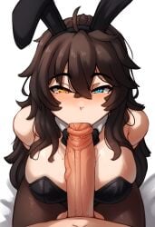 ai_generated black_bunny_costume blue_eye brown_hair bunny_costume female heterochromia kissing_penis large_breasts long_hair mature messy_hair novelai oral oral_penetration oral_sex pale_skin pantyhose penis_in_mouth playboy_bunny seiko_tanaka_(hismajestyii) smug_smile wide_hips yellow_eye