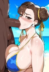 1boy 1girls ai_generated beach blowjob blush brown_eyes brown_hair chun-li creamy_ai dark-skinned_male double_bun fellatio interracial large_breasts medium_hair oral outdoors penis street_fighter sweat uncensored