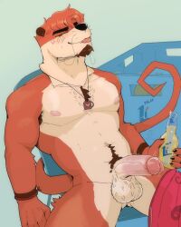 angel_lazzu anthro blush bottle container genitals hi_res male mammal mustelid otter pecs penis smile solo solo_focus tongue tongue_out