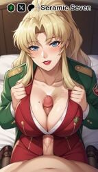 1boy 1boy1girls 1girls 2d ai_generated balalaika black_lagoon blonde_hair blue_eyes blush blush boobjob female kneeling large_penis light-skinned_male looking_at_viewer male male/female male_pov mature_female milf military_uniform mole_on_breast mole_under_eye paizuri penis_between_breasts pov pov_male red_lips red_lipstick red_nails scar scars seramic_seven titjob titjob_pov