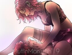 1boy 1girls bandaged_leg bra cleavage enemies enemies_to_lovers face_grab female hand_on_face looking_at_partner male male/female muffinmonstah naruto naruto_(series) naruto_shippuden pink_hair red_hair sakura_haruno sasori shorts sitting_on_chest sitting_on_person straight suggestive suggestive_pose touching_face