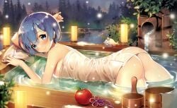 1girls arm_support ass ayamy back bare_arms bare_legs bare_shoulders bare_thighs bathing big_breasts blue_eyes blue_hair blush breasts cleavage closed_mouth female_only hair_ornament naked_towel outdoors partially_submerged re:zero_kara_hajimeru_isekai_seikatsu rem_(re:zero) shiny_skin short_hair shoulder_blades smile solo solo_female thighs towel towel_only water wet_body wooden_bucket