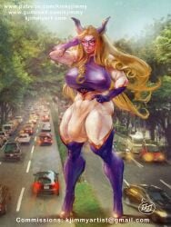 big_breasts blonde_hair breasts bulge bulge_through_clothing futa_focus futanari giantess huge_breasts kinkyjimmy macro mount_lady my_hero_academia nipples_visible_through_clothing skin_tight solo_focus