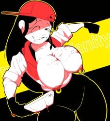 1girls background_text black_hair black_pants blood_stain breast_piercing breasts breasts_out butcher_knife butcher_vanity_(synthesizer_v) female flavor_foley grin karikhuri looking_at_viewer piercing red_cap red_hat synthesizer_v text vimalion_pro white_skin wink winking winking_at_viewer yi_xi_(synthesizer_v)