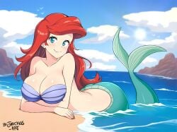 1girls ariel beach blue_eyes breasts curvy disney female female_only green_tail jarckius light-skinned_female light_skin looking_at_viewer lying_on_stomach mermaid monster_girl mostly_nude red_hair red_lipstick red_nails seashell_bra smile solo solo_female supernatural the_little_mermaid white_skin