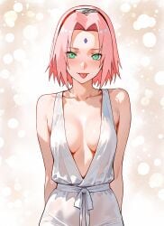 ai_generated blep cleavage pink_hair sakura_haruno tagme white_dress