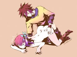 blue_eyes brown_hair clothed_male_nude_female clothed_on_nude cum cumdrip doggy_style ecchi_pantsu female flower hair_flower hair_ornament long_hair multicolored_hair no_game_no_life nude pants_down red_eyes red_hair sex short_hair sora_(no_game_no_life) stephanie_dora straight vaginal_penetration