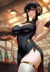 1boy 1girls ai_generated aipandart alcohol bamboo_steamer bangs baozi bare_shoulders black_dress black_hair blush bottle breasts ceiling_light china_dress chinese_clothes chinese_dress cleavage cleavage_cutout closed_mouth clothing clothing_cutout counter covered_navel cup curvaceous curvaceous_female curvaceous_figure curvy curvy_figure dress drinking_glass earrings female female_focus female_only flower food gold_earrings gold_hairband gold_trim hair_flower hair_ornament hairband hands_up headwear holding holding_tray indoors jewelry large_breasts legwear lips long_hair looking_at_viewer navel parted_lips pelvic_curtain red_eyes restaurant rose seductive seductive_look seductive_smile short_hair_with_long_locks side_slit sidelocks skindentation sleeveless smile solo solo_focus spy_x_family standing thick_thighs thighhighs thighs tray underwear voluptuous voluptuous_female waitress white_thighhighs window yor_briar yor_forger