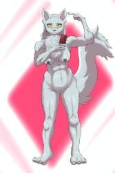 2024 :3 anthro big_tail breasts bsan94 canid canine canis digital_media_(artwork) electronics facial_scar female front_view fur genitals grey_body hi_res holding_object holding_phone long_boots looking_at_viewer mammal muscular muscular_anthro muscular_female nipples nude nude_anthro nude_female phone pose pussy scar selfie simple_background solo tail velvela wolf yellow_eyes