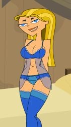 2d alternate_version_available big_breasts blonde_hair blue_eyes bra breasts ecchi lindsay_(tdi) lingerie long_hair looking_at_viewer panties pov thighhighs thighs tjlive5 total_drama_island