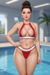 1girls ai_assisted ai_generated areola_peek belly_button bikini black_hair blue_eyes blurry_background brunette_hair cameltoe cleavage earrings eyelashes female gemini grok hair_bun hand_on_hip hoop_earrings hourglass_figure inner_sideboob light-skinned_female lipstick medium_breasts micro_bikini midriff milf nipple_outline one_hand_on_hip palm_tree pelvic_line poolside potted_plant red_bikini red_clothing revealing_clothes rgomez007 self_upload sideboob skimpy_clothes slender_body smiling_at_viewer solo_female sporty stable_diffusion standing swimming_pool thick_lips thick_thighs updo warm_lighting wide_hips