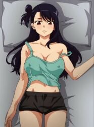 arms_behind_head black_hair breasts female konomi_ja_nai_kedo:_mukatsuku_ane_to_aishou_batsugun_ecchi konomi_ja_nai_kedo_mukatsuku_ane_to_aishou long_hair miniskirt nipple_stimulation nipples pajamas ritsuki_mayama skirt