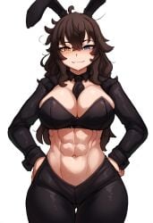 abs ai_generated blush bunny_ears bunnysuit cleavage clothed hips hismajestyii large_breasts looking_at_viewer novelai original playboy_bunny seiko_tanaka_(hismajestyii) smile smug smug_face smug_smile thighs toned toned_female wide_hips