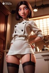 1girls ai_generated artist_name ass_visible_through_thighs black_thighhighs blue_eyes breasts brown_hair buttons cameltoe chef colette_tatou disney garter_straps hand_on_own_hip hi_res indoors kitchen lips looking_at_viewer nose panties pantyshot patreon_username pixar r34arts ratatouille short_hair skindentation sleeves_pushed_up sleeves_rolled_up solo standing thighhighs underwear white_panties