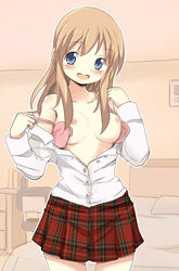 1girls bed bed_sheet blonde_hair blue_eyes blush bra breasts collarbone dress_shirt female highres kamome_shop long_hair long_sleeves medium_breasts nipples off_shoulder open_bra open_clothes open_mouth open_shirt original pink_bra plaid plaid_skirt school_uniform shirt skirt solo unbuttoned underwear undressing wing_collar