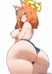 1girl ai_generated ass big_ass blue_archive blue_panties breasts curvy halo honkibooty looking_at_viewer looking_back mari_(blue_archive) nipples orange_hair panties simple_background smiling smirk thick_thighs thighs topless white_background