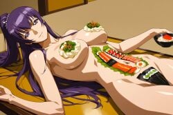 ai_generated anime appetite attractive beautiful beautiful_females big_breasts body_sushi breasts completely_nude completely_nude_female divine_beauty female food food_fetish food_on_body high_school_student highschool_of_the_dead hungry imminent_sex inviting looking_at_viewer looking_pleasured lunch meal nyotaimori ponytail purple_hair purple_ponytail saeko_busujima salad table thrist_trap trj vegetable voluptuous voluptuous_female warrioress young_woman