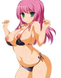 bare_shoulders bikini black_bikini breasts green_eyes highres karaage_teishoku_(regret1994) large_breasts long_hair looking_at_viewer nipples original parted_lips pink_hair shiny shiny_skin side-tie_bikini simple_background skindentation swimsuit touage_teishoku white_hair