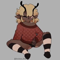 anthro antlers anxious_deer ass balls blonde_hair bulge cum_drip dark-skinned_male deer drawing femboy furry furry_tail gay keen looking_at_viewer male_focus masturbation short_hair solo_male thigh_highs thighhighs thighs twink