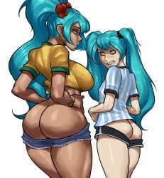 2girls argentinian argentinian_miku ass ass_focus big_ass blue_eyes blue_hair blue_lipstick bracelet brazilian brazilian_miku butt_size_difference chocolate_and_vanilla earrings female female_only flower hair_flower hands_on_hips hatsune_miku hoop_earrings latin_american_hatsune_miku_(meme) latina light-skinned_female light_skin lipstick long_hair looking_at_another looking_back partially_clothed philipgrom rear_view short_shorts shorts_down size_difference small_ass sports_shorts sportswear tan-skinned_female tan_skin twintails vocaloid white_background