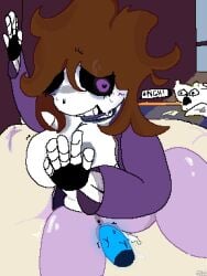 bed bedroom black_text blue_penis blush brown_hair canine cum cum_in_pussy cum_on_bed english_text fat female_sans girl my_character oc original_character own_character purple_blush purple_body purple_eye purple_jacket purple_pussy pussy room sans ship skeleton smiley_face text undertale undertale_au window