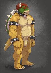 1boy anthro barefoot biceps bowser claws dragon explicital fangs full_body grey_background hair horn king koopa looking_at_viewer male male_only manly mario_(series) musclegut muscles nintendo nude pecs penis reptile royalty scalie sharp_claws sharp_teeth shell short_hair simple_background solo spikes standing teeth toe_claws turtle uncut