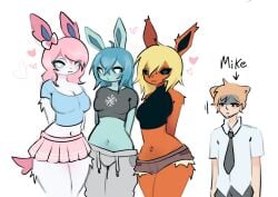 1boy 3girls belly belly_button breasts cleavage clothed clothing creatures_(company) crop_top eeveelution female female_only fur furry game_freak generation_4_pokemon generation_6_pokemon heart male midriff nintendo piercing pokémon_(species) pokemon pokemon_(species) pokemon_dppt pokemon_xy selcian_bun skirt sylveon tail