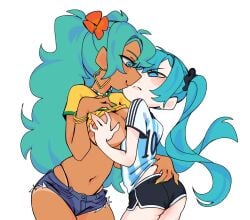 2girls argentina argentinian argentinian_miku black_thong blue_eyes blue_hair blush bracelet brazil brazilian brazilian_miku breast_grab breasts dark-skinned_female dark_skin earrings female female_only flowers green_hair green_nails hair_flower hatsune_miku hoop_earrings latin_american_hatsune_miku_(meme) latina long_hair nail_polish necklace partially_clothed pinkhiwi shirt_up sports_shorts sportswear thong twintails vocaloid yellow_nails yuri