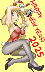 1girls 2025 blue_eyes bowtie bunnysuit colored_background digital_drawing_(artwork) digital_media_(artwork) female female_focus female_only happy_new_year heels looking_at_viewer may_(pokemon) may_(pokemon_oras) pokegirl pokemon tsuwitchii84 wine wine_bottle wine_glass